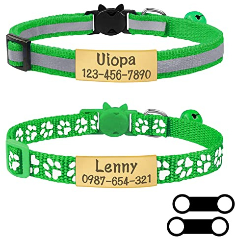 Uiopa 2pcs Collarino Gatto Antistrozzo + 2pcs Targhetta Cane con Incisione, Regolabile Collare Gatto Personalizzato con Fibbia di Sicurezzae Campana per Gattino e Cuccioli (Verde erba)