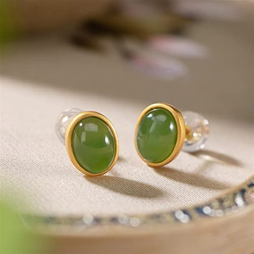 S925 Sterling Silber vergoldet Natürliche Jade Jasper Ohrstecker Einfache Freizeit Temperament Ovale Frauen Ohrringe
