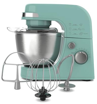 Hamilton Beach Electric Stand Mixer, 4 Quarts, Dough Hook, Flat Beater Attachments, Splash Guard 7 Speeds with Whisk, Aqua