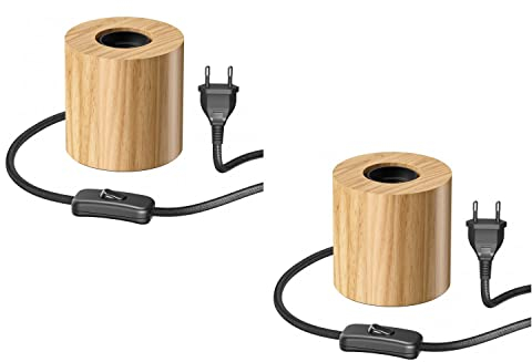 ledscom.de 2 Stück Tischlampe HITO, Schalter, Echtholz (Gummibaum), rund, hellbraun, 1x E27 max. 60W