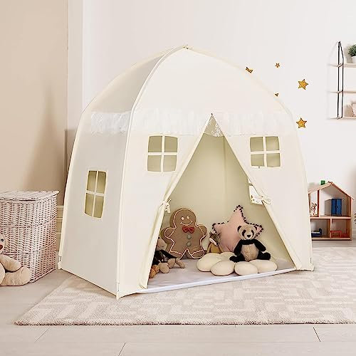 DREAMADE Tente de Jeu Enfant 143x100x155CM en Tissu 100% Coton,Cabane Enfant Portable avec Fenêtre&Tapis Antidérapant pour Intérieur&Extérieur Château de Princesse 3+Ans (Beige)