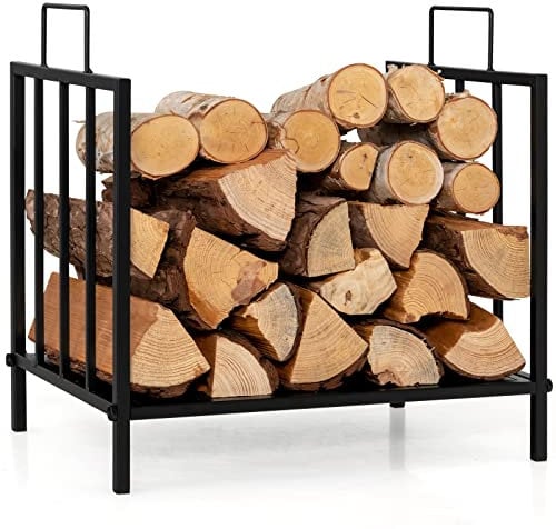 COSTWAY Firewood Rack, Heavy Duty Metal Fireplace Log Holder, Indoor Outdoor Wood Storage Stacking Shelf, 50kg/60kg Load Capacity (with Solid Base Board, Handle, 45 x 33 x 46cm)