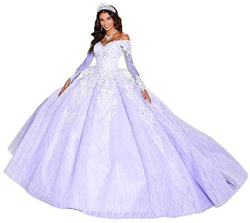 TSxuelian Robe de princesse à manches longues en dentelle pour femme - Robe de quinceanera - Épaules dénudées - Robe de bal avec perles, lilas, 52