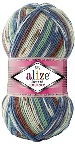 100g Sockenwolle Superwash Comfort 4-fädig Schurwolle Sockengarn Farbauswahl, Farbe:7653 weiß grün blau braun
