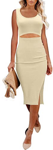 Uusollecy Sommerkleid Damen Cut Out Kleid mit Schlitz, Ärmellos Bodycon Sexy Partykleid Elegant Figurbetontes Knielang Tank Kleid Beige XS