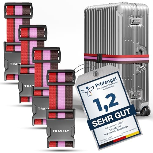 Travely® Lot de 4 sangles de valise de qualité supérieure, particulièrement attrayante et sûre, avec 2 étiquettes à bagage, sangle de bagage idéale en croix, multicolore