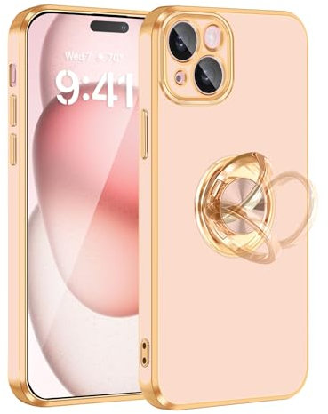 Fingic for iPhone 15 Phone Case[with 360° Ring Holder][Support Magnetic Car Mount] Cute Kickstand Slim for Women Girls Nonslip Soft TPU Rugged Bumper Protective Case for iPhone 15,6.1 Rose Gold,2023