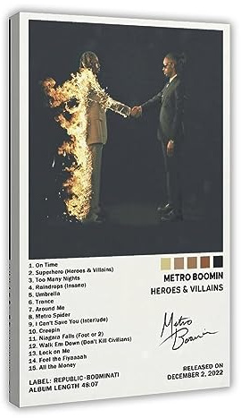 Metro Boomin Heroes & Villains Musikalbum-Poster, Leinwand-Poster, Schlafzimmer-Dekor, Sportlandschaft, Büro, Raumdekoration, Geschenk, Rahmen-Stil, 30 x 45 cm