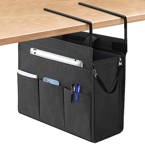 MASTLU Under Desk Hanging Magazine and File Storage Bag, Gray Office Side Storage Bag, Compatible with A4 Files, Detachable Handle Design, No Assembly Required, Black