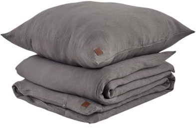 ADDSOUL Musselin Bettwäsche Set 135x200cm + 80x80cm Grau Bettwäsche Set Oeko Tex Knitterlook Bügelfrei Allergikerfreundlich mit Reißverschluss 100% Baumwolle Doppel Gauze