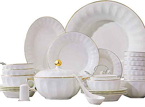 Service de vaisselle 50 pièces, ensemble de dîner de service de cuisine en porcelaine fine à la maison avec bols de céréales ronds blancs assiettes plats pot à soupe avec service à bord doré pour 10