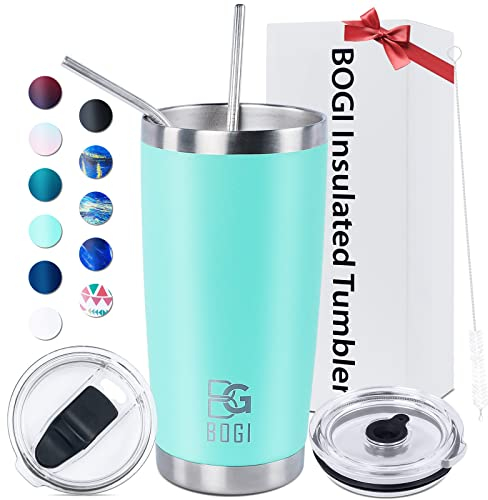 BOGI 20 oz Insulated Tumbler with Straw and Lids, Leakproof Coffee Cup Travel Mug, Double Wall Vacuum Stainless Steel Tumbler, Durable Thermal Cup Keeps Cold and Hot Drinks, Ideal Gifts | Mint