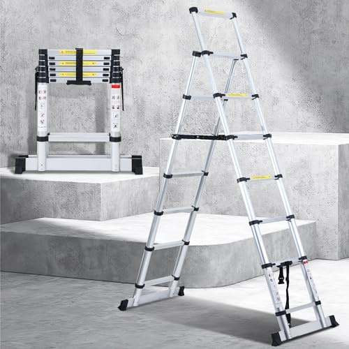 Joparri 1.7M+2.0M Teleskopleiter Klappleiter A-Rahmen 5 + 6 Stufen Max Belastung 150 KG/330 Pfund, Aluminium Ausziehleiter für Dachreparaturen, gefaltete Größe 65cm