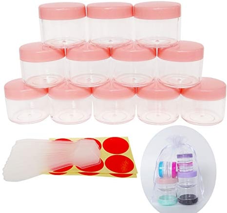Wopanxye 12pcs 20 gram Empty Travel Sample Jar, 20g Mini Cosmetic Container Tins, 20ml Small Round Pot with PINK Screw Cap Lids, for Makeup Cream Toning Lotions Lip Gloss Balms Scrub Facial Cleaner