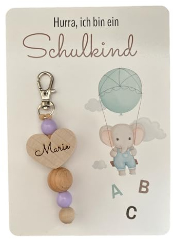 Geschenk Einschulung, Schlüsselanhänger personalisiert, Schulkind 2025, Ranzenbaumler, Karte, Erster Schultag (Lila)