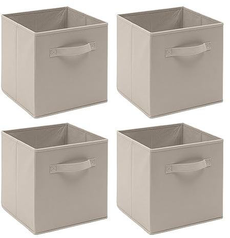 Homullel Foldable Storage Cube Boxes Set of 4, Storage Unit Box with Handle/Eyelet, Collapsible Storage Bins Organiser for Shelf Closet Organization (With Handle, Beige)