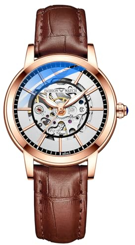 FENKOO Luxus Frauen Mechanische Uhren Wasserdicht Automatische Uhr Rose Gold Damen Skelett Uhr (Farbe : Braun)
