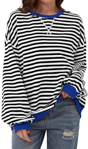 Timuspo Langer Pullover Damen Gestreift Oversized Pulli Leicht Sweatshirt Lässig Rundhals Schwarzes Oberteil Loose Fit Hoodie Ohne Kapuze Shirt M