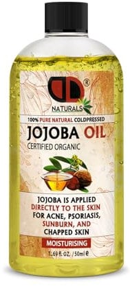 Golden Jojoba Oil Organic Cold Pressed 100% Pure for Hair, Nails, Eyelash & Eyebrow Growth Vegan & Cruelty Free for Skin, Face & Body as Carrier, Massage Oil (50ml Cap)