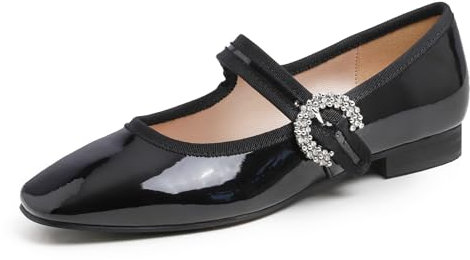 Feversole Women's Mary Jane Fashion Square Toe Easy Buckle Low Heel Slip On Flats Black Pat Size 5 UK