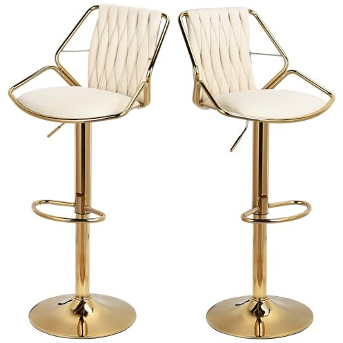 fortuna Lai Tabouret de Bar Velours, Lot de 2 Tabouret Bar Réglable Chaise Bar Haute Tabourets de comptoir avec Pied Doré, Chaise Haute Bar pour Bar/Îlot de Cuisine (Noir)
