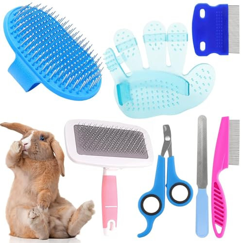7 Pcs Rabbit Bunny Grooming Kit, Small Animal Grooming Kit with Bunny Nail Clipper, Brushes for Shedding, Pet Shedding Comb, Grooming Slicker Brush, Bath Massage Glove, for Hamster, Guinea Pig