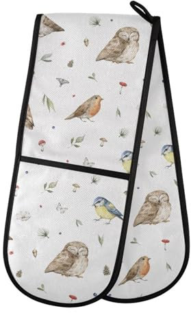 Double Oven Gloves Watercolor Owl Robin Bird Plant Heat Resistant Pot Holder Oven Mitt Gloves for BBQ Cooking Baking Grilling Microwave