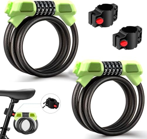 (2 Pack) Fenxyo Antivol Velo, Serrure à câble à haute sécurité pour vélo 120cm/12mm, Chaînes à combinaison 5-chiffres étanches à l'eau et réglables pour vélo, cyclisme, moto, porte, Vert