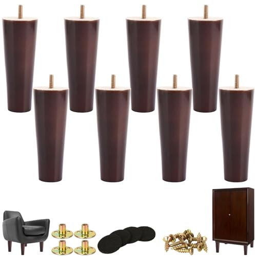 LOPYXBR 15 cm / 6 Inch Wooden Furniture Legs Set 8 PCS, Cone Shaped Wooden Legs for Furniture Replacement Chair Leg with Mounting Plate and Screws for Sofa TV Cabinet Bed Table- Walnut(8PCS/15CM)
