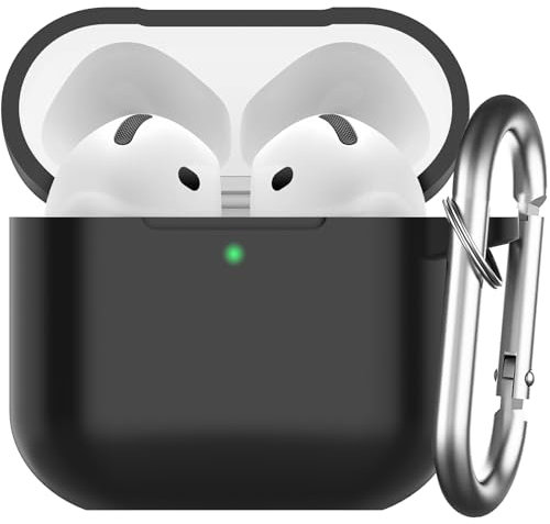 Nemteur Custodia per AirPods 4 2024, Case Protettiva in Silicone per AirPods 4th 2024 Cover in Silicone Visibile a LED Frontale con Moschettone, Nero