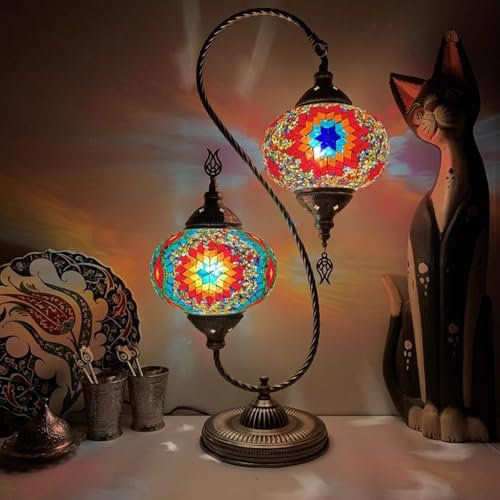 BOTOWI 2-Lichter türkische Lampe Mosaik Tischlampe Einzigartige marokkanische Tischleuchte Handgemachte Antik Bohemian Vintage Lampenschirm Tiffany Schreibtisch Nachttisch Buntglas Lampe,Rot