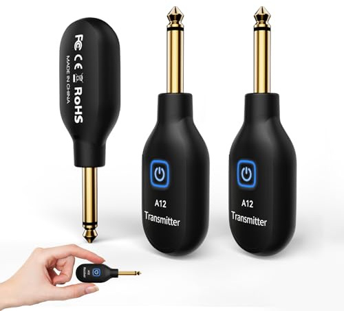 INGPARTNER A12-2 - Sistema di chitarra wireless, 2,4 GHz, 2 modalità, dimensione pollice, batteria ricaricabile agli ioni di litio, portata 30 m, 10 ore, plug & play per chitarra, basso, violino