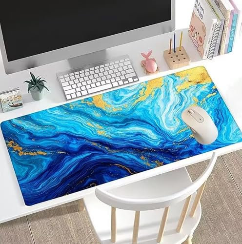 Tapis de Souris Bleu Tapis de Souris Gamer XXL 1400x700x3mm Gaming Accessoire, Tapis de Souris Marbre Tapis Souris Résistant à l'eau avec Base en Caoutchouc antidérapant, Deco Bureau Travail W5-95