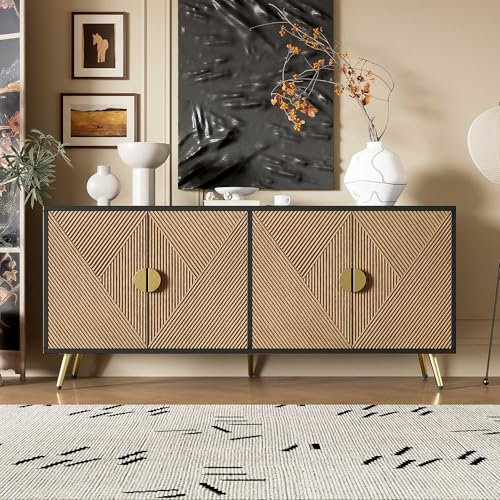 WASAGA Aparador con Textura en Relieve 160 cm, Mueble con Cuatro Puertas Tiradores Dorados Cepillados y Patas de Mesa de Alto Brillo (Negro + Madera)