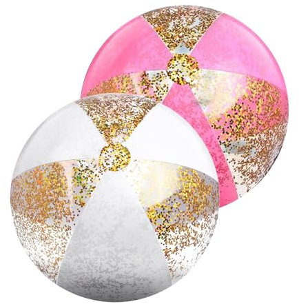 Ballon de Plage Gonflable, 2 PCS Glitter de Plage, Sequin Beach Balls, Confetti Beach Balls, Portable Ballon Gonflable Piscine, pour Été, Piscine, Fête (Rose + blanc)