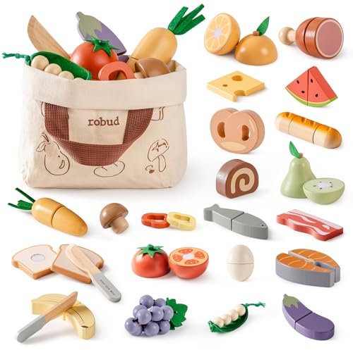ROBUD Spielküche Zubehör Holz, Schneiden Spielzeug-Lebensmittel 4-in-1 Set Obst Gemüse Fleisch Backen Lebensmittel für Kinderküche mit Aufbewahrungstasche, Mädchen Junge Geschenk ab 3 Jahren
