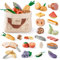 ROBUD Spielküche Zubehör Holz, Schneiden Spielzeug-Lebensmittel 4-in-1 Set Obst Gemüse Fleisch Backen Lebensmittel für Kinderküche mit Aufbewahrungstasche, Mädchen Junge Geschenk ab 3 Jahren