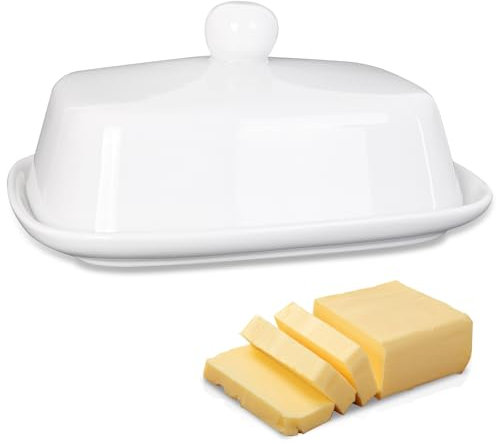Mantequera de Cerámica, Recipiente para Mantequilla con Tapa y Asa, Lavable en Lavavajillas, Butter Dish para Mantequilla Fresca, 16,5 x 13,3 x 8 cm - Blanco