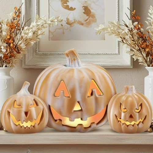 Beeveer 3 Pcs Large Halloween Light up Pumpkin Fall Home Decorations Plastic Terracotta Pumpkins 5''- 9'' Jack O' Lantern Outdoor Indoor Battery Operated Lighted Pumpkin with Spooky Face
