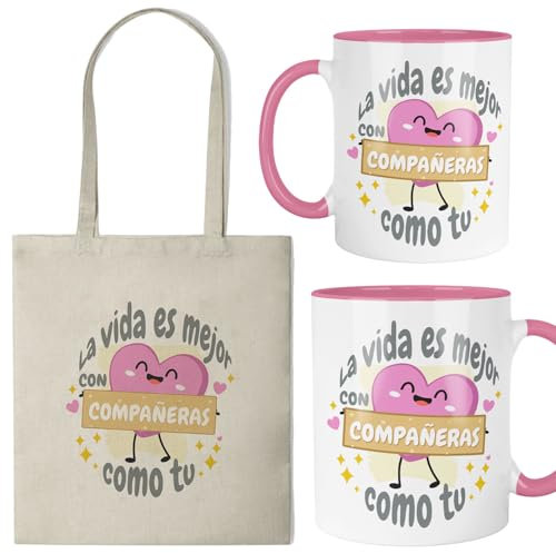 Kembilove® Pack regalo compañera trabajo personalizado - Taza y bolsa de tela con frase divertida y emotiva - Detalle para compañeras únicas y especiales