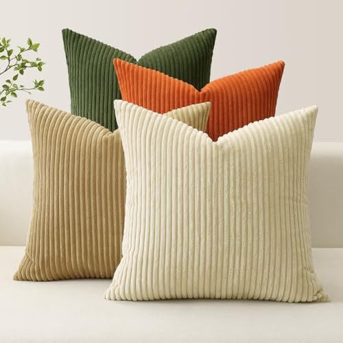 JOTOM 4er Set Cord Kissenbezüge Kissenhülle Dekorative Zierkissen Couchkissen Sofakissen Dekokissen Kordsamt Kissenbezug Deko Kissenhülle für Sofa Wohnzimmer (45x45cm, Grün Orange Braun Beige)