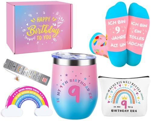 Giftota Geburtstagsgeschenk für 9 Jährige Mädchen – Ideale Lustige Geschenke für Mädchen 9 Jahre Geschenke für Tochter Enkelin Nichte – Geschenkideen zum 9. Geburtstag Taschen, Thermosbecher, Socken