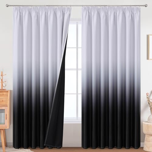 VEHEDE Große Verdunkelungsvorhänge, 228 cm Länge, extra breit, wärmeisoliert, schwarz-weiß, Ombré-Vorhang mit Bleistiftfalten, für Wohnzimmer, Farbverlauf, geräuschreduzierende Vorhänge für Wohnzimmer