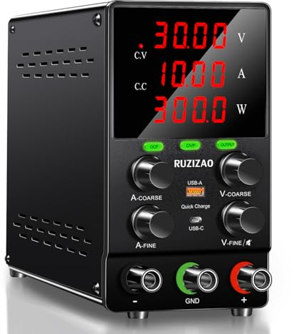 RUZIZAO Fuente de Alimentación Regulable: 30V 10A 300W Fuente de Alimentacion DC de Laboratorio Regulada por Conmutación Ajustable con Función OCP & OVP, Botón de Salida, Botón Codificador