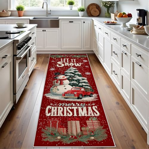 Meugesoi Weihnachtsbaum Teppich Läufer rutschfest Waschbar Weihnachten Schneemann Flurteppich Küchenteppich 80x240 cm, Retro Rot Lastwagen Teppichläufer für Wohnraum Flur Waschküche