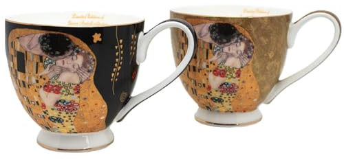 Queen Isabell - Juego de 2 tazas gigantes (500 ml, porcelana Gustav Klimt Le Baiser, diseño elegante, caja de regalo decorativa, gran capacidad para los amantes del arte y los fines gourmets