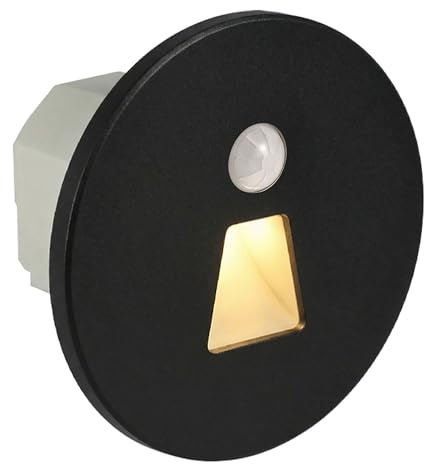 Maxkomfort MOD6 LED Treppenbeleuchtung 230V Modular – mit Bewegungsmelder, 3CCT (Warmweiß, Neutralweiß, Kaltweiß), Magnet-Montage für 60/68mm Dosen, Stufenlicht Innen, 1,5W, Schwarz, Rund - Trapez