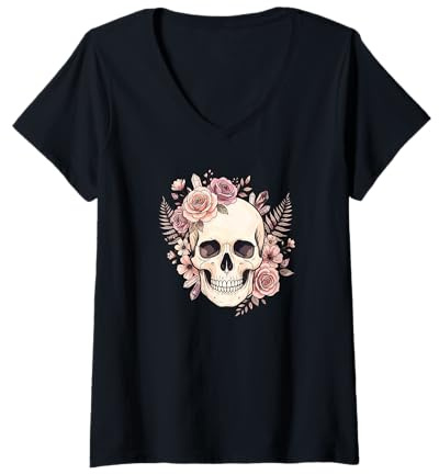 Femme Crâne avec Roses Roses et Cristaux Pastel Goth Art T-Shirt avec Col en V