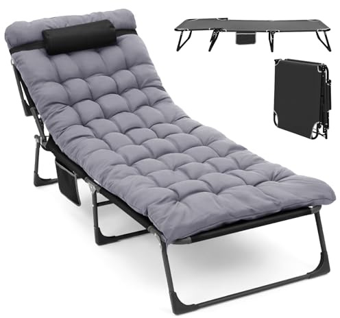 Warmiehomy Übergroße Campingbett, Sonnenliege mit Matratze & Kissen bis 200 kg, 4-Fach verstellbare Rückenlehne, Klappbares Bett, Angelstuhl, Campingbett für Garten, Strand, Sonnenbaden, Reisen, Grau