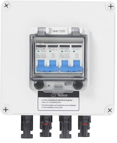 Anschlusskasten Überspannungsschutz PV,15A,Nennspannung DC 12-400V,wandmontiert,LED-Anzeige,mit MC4-Stecker und Klemmenanschluss,2-String-Eingang,2-String-Ausgang,für Solaranlagen und Wohnmobile